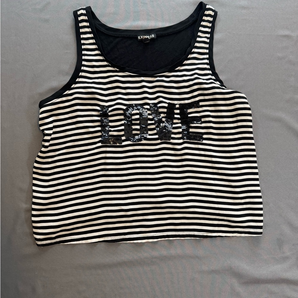 Express Black & White Striped Sequin 'LOVE' Cropped Tank